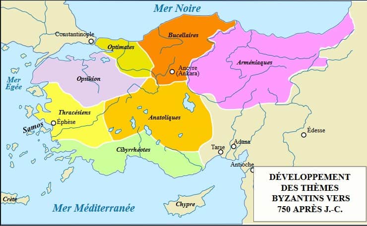 Carte de la division de l'Empire Byzantin par thèmes